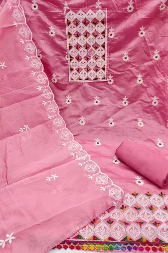 Women's pink embroiderd chanderi cotton dress material