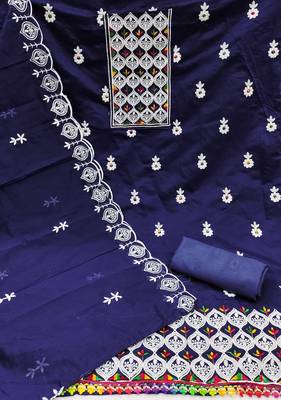 Women's blue embroiderd chanderi cotton dress material 2
