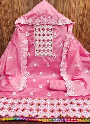 Women's pink embroiderd chanderi cotton dress material 3