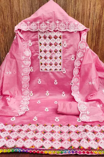 Women's pink embroiderd chanderi cotton dress material