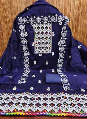Women's blue embroiderd chanderi cotton dress material 3