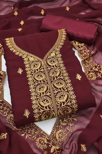 Women's maroon unstitched embroiderd georgette dress material 