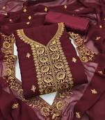 Women's maroon unstitched embroiderd georgette dress material 