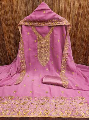 Women's pink embroiderd georgette dress material 3
