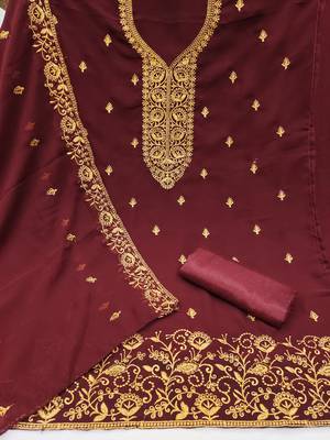 Women's maroon embroiderd georgette dress material 2