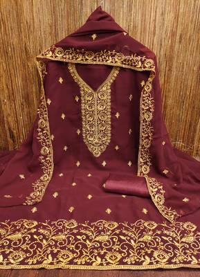 Women's maroon embroiderd georgette dress material 3