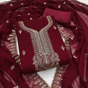 Women's maroon embroiderd georgette dress material 1
