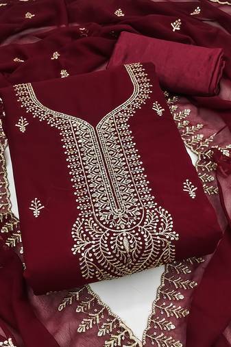 Women's maroon unstitched embroiderd georgette dress material 