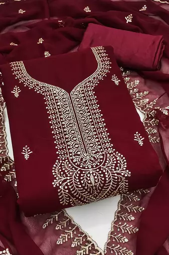 Women's maroon unstitched embroiderd georgette dress material 