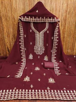 Women's maroon embroiderd georgette dress material 3