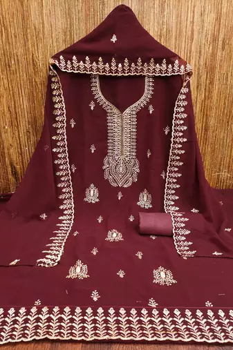 Women's maroon embroiderd georgette dress material