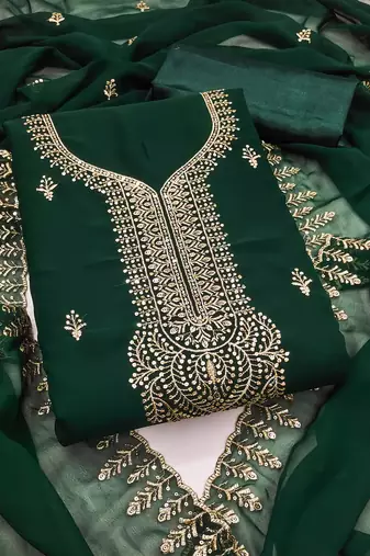 Women's green unstitched embroiderd georgette dress material 