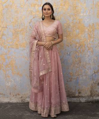 pink embroidered organza Lehenga 1