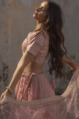 pink embroidered organza Lehenga