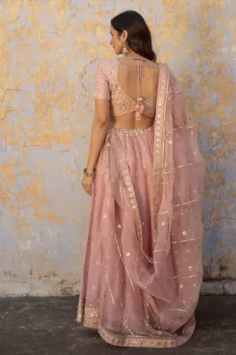 pink embroidered organza Lehenga