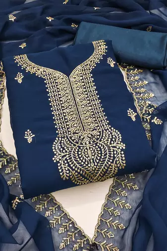 Women's blue unstitched embroiderd georgette dress material 