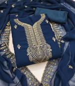 Women's blue unstitched embroiderd georgette dress material 
