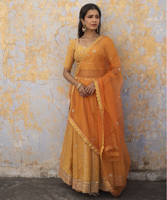saffron embroidered silk Lehenga 1