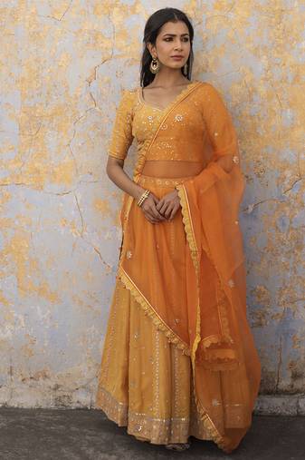 saffron embroidered silk Lehenga