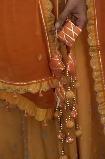 saffron embroidered silk Lehenga