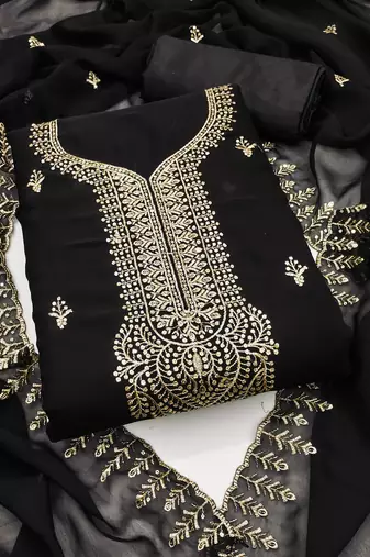 Women's black unstitched embroiderd georgette dress material 