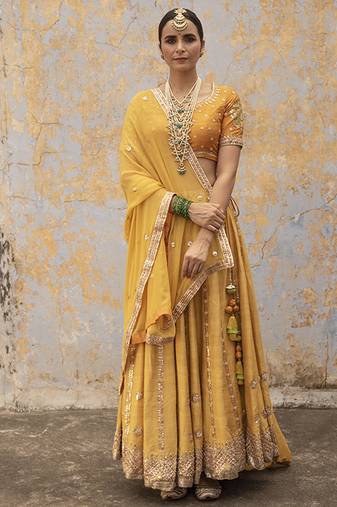 yellow embroidered silk Lehenga