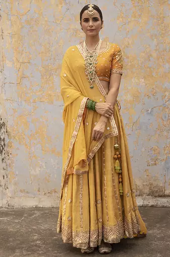 yellow embroidered silk Lehenga