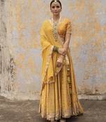 yellow embroidered silk Lehenga