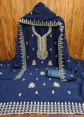 Women's blue embroiderd georgette dress material 3