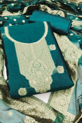 Women's sea green unstitched woven simmer silk dress material 