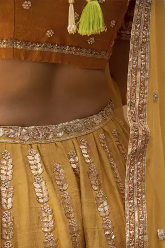 yellow embroidered silk Lehenga