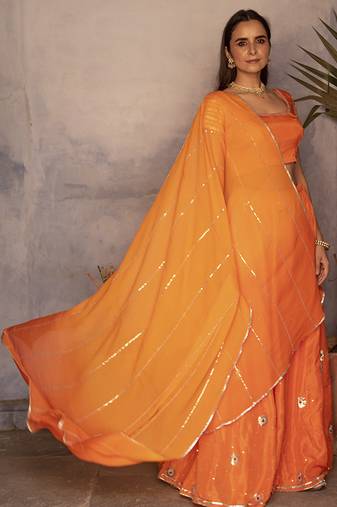 orange embroidered silk Lehenga
