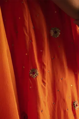 orange embroidered silk Lehenga