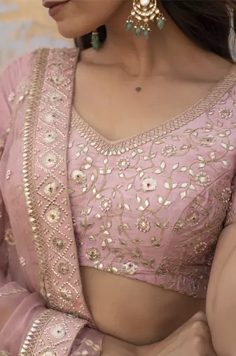 pink embroidered organza Lehenga