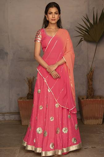 pink embroidered silk Lehenga