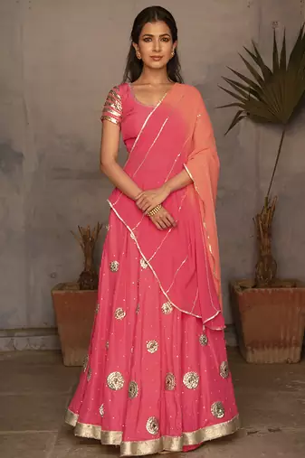 pink embroidered silk Lehenga