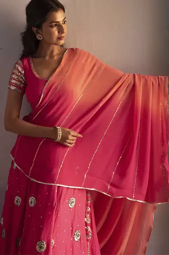 pink embroidered silk Lehenga