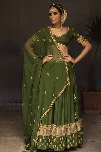 dark green embroidered silk Lehenga