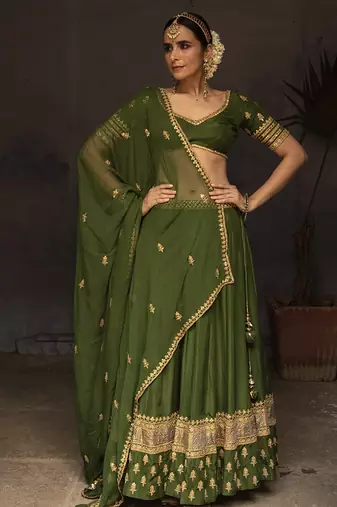 dark green embroidered silk Lehenga