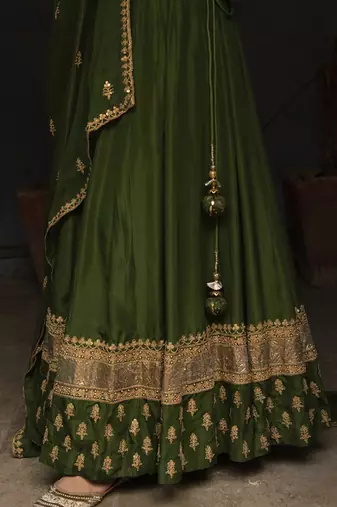 dark green embroidered silk Lehenga