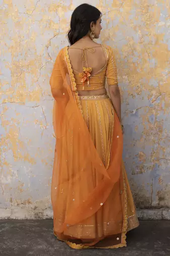 saffron embroidered silk Lehenga