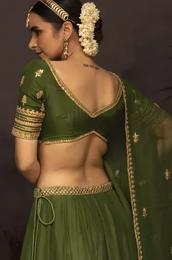 dark green embroidered silk Lehenga