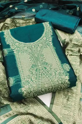 Women's sea green unstitched woven simmer silk dress material 