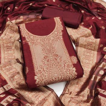 Women's maroon woven simmer silk dress material 1