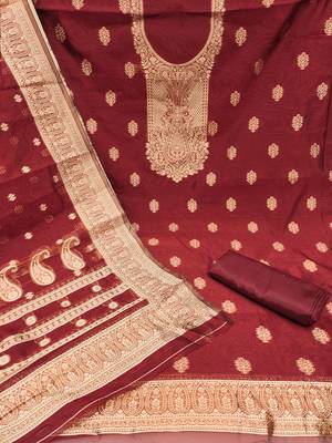 Women's maroon woven simmer silk dress material 2
