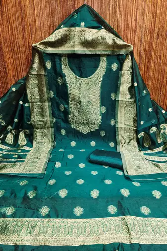 Women's sea green woven simmer silk dress material