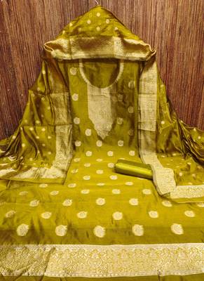 Women's green woven simmer silk dress material 3