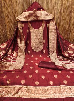 Women's maroon woven simmer silk dress material 3