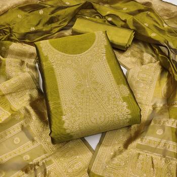 Women's green woven simmer silk dress material 1