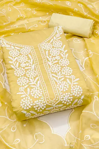Women's yellow unstitched embroiderd chanderi cotton dress material 